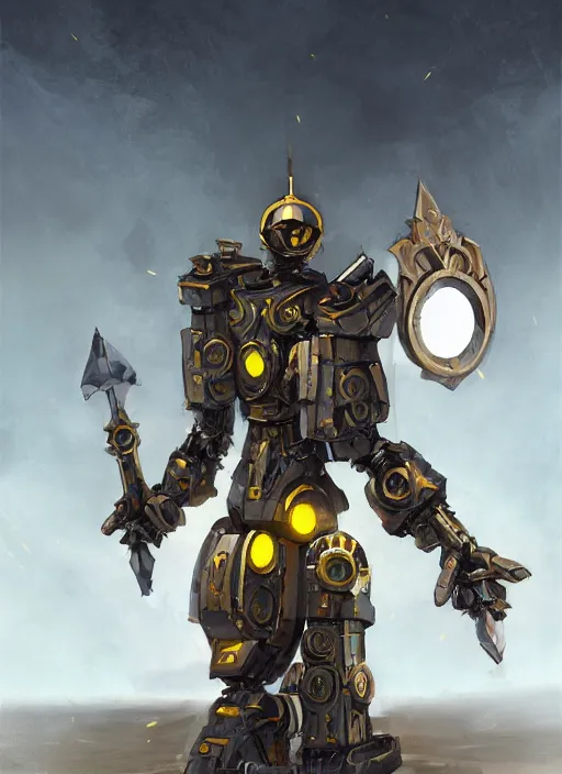 Image similar to full body, attack position abstract portrait of a intricate glorious holy mechanical warforged with circular glowing eye, character in yellow armor holding a paladin engraved great longsword drawn and carrying a big paladin shield, vertically flat head, face in focus, pit droid, epic , trending on ArtStation, masterpiece, cinematic lighting, by Ross Tran and by Greg Rutkowski