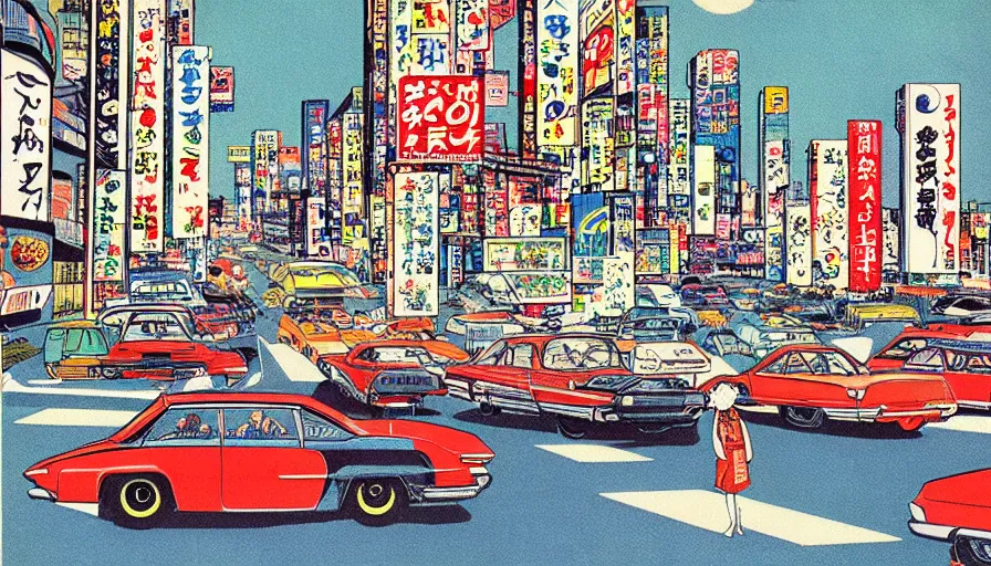 Prompt: akira toyama city with cars in comic book art, 1 9 6 0 s retrofuture, eccentric colors