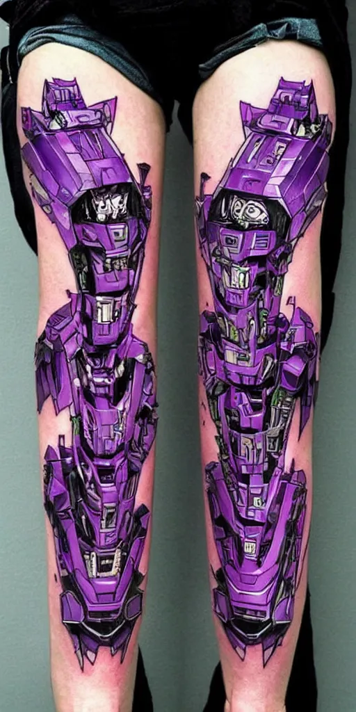 Image similar to decepticon and transformers battle collage leg sleeve tattoo, intricate, symmetrical, lazer blast, sharp, high detailed, high contrast, 1 st winner, trending, polkadot!!! grunge!!! purple!! black!! red!!