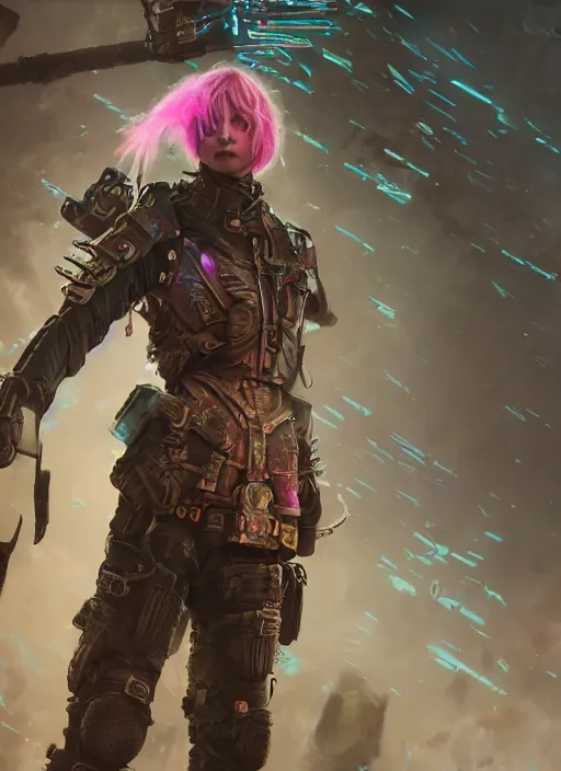 Image similar to detailed full body concept colorful pastel painting of a dystopian female road warrior in intricate clothing, cinematic lighting, hyperdetailed, 8k, high resolution, insanely detailed and intricate, octane render, vfx, postprocessing, alluring