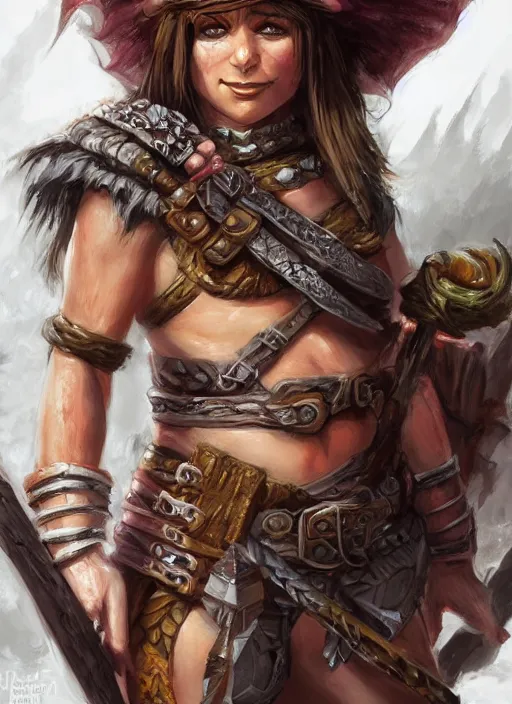 Image similar to midget female barbarian, ultra detailed fantasy, dndbeyond, bright, colourful, realistic, dnd character portrait, full body, pathfinder, pinterest, art by ralph horsley, dnd, rpg, lotr game design fanart by concept art, behance hd, artstation, deviantart, hdr render in unreal engine 5