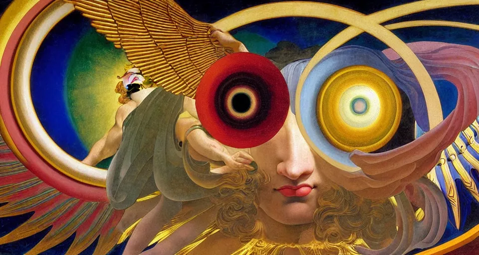 Image similar to painting of rainbow ophanim surrounded by large diagonally rotating rings, ophanim has bird wings, giant eyeball in the middle of the ophanim, by roberto. ferri, sandro botticelli, by caravaggio, by alexandre cabanel, by george clark stanton, amazing details, mythological, biblical, beautiful composition