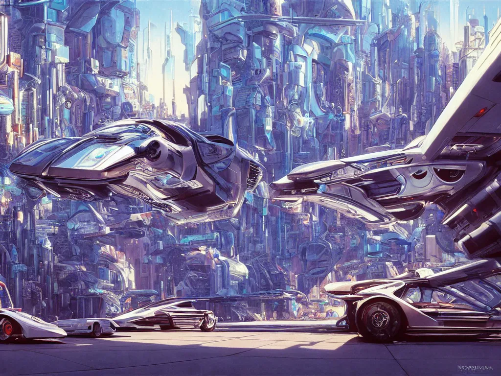 Prompt: hyperrealistic painting of a slice of life from a futuristic city, mechanical designs, futuristic vehicles, technological, cinematic, cyberpunk style, highly detailed, realism, intricate, acrylic on canvas, 8 k resolution, concept art, by noriyoshi ohrai and moebius