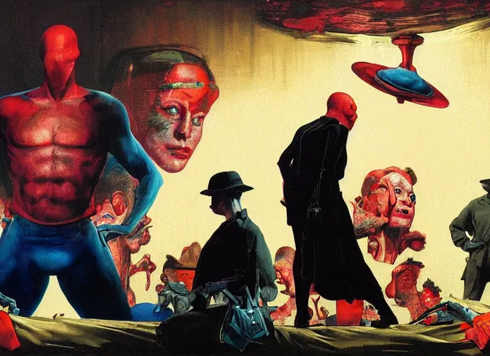 Prompt: a still from the film watchmen by francis bacon, surreal, norman rockwell and james jean, greg hildebrandt, and mark brooks, triadic color scheme, by greg rutkowski, in the style of francis bacon and syd mead and edward hopper and norman rockwell and beksinski, dark surrealism, open ceiling