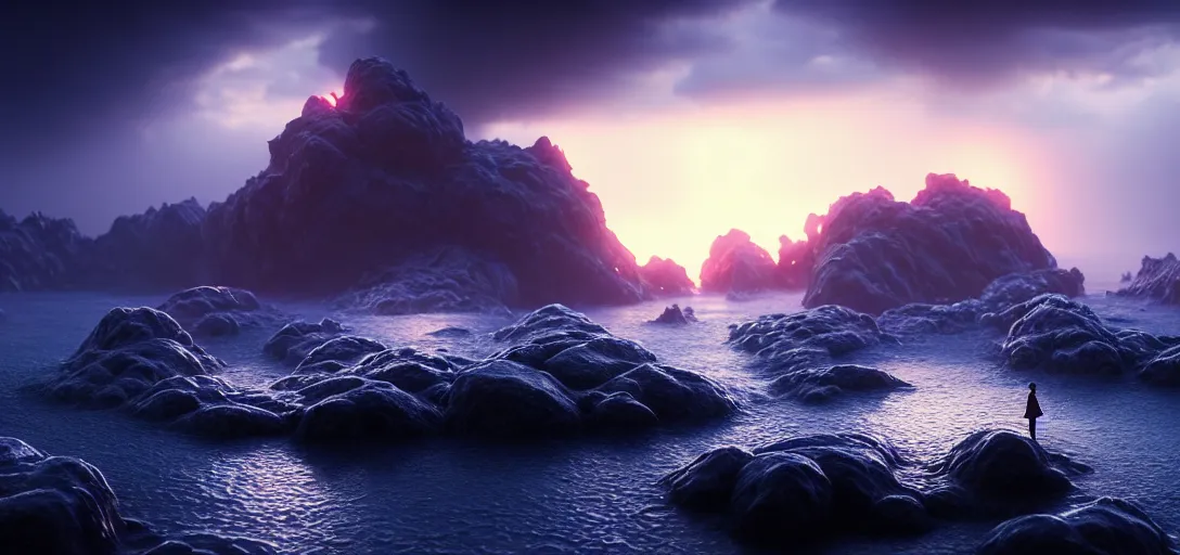 Image similar to octane render uhd, 8 k art photography, filmic lighting, cinematic art shot, hyperrealistic, hyperdetailed, super detailed, 8 k, high resolution, mysterious strangle glowing crystalline structure made of white rocks in the far distance, 8 k uhd photography by ross tran and ivan aivazovsky, black water, midnight