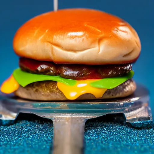 Image similar to macro photo of a miniature ho scale cheeseburger figure, taken with canon 8 0 d, canon 1 0 0 mm f / 2. 8