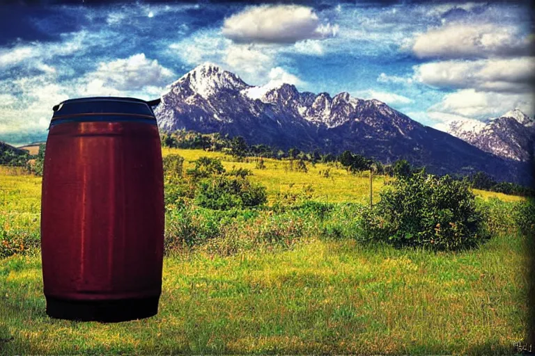 Image similar to a beer keg with mountain views, digital art