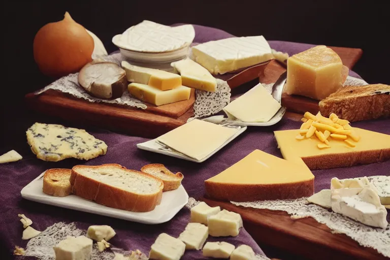 Image similar to 7 0 s food photography of an opulent spread of cheese on toast, on a velvet table cloth, dramatic diffused lighting