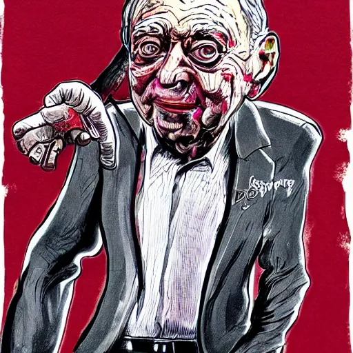 Image similar to George Soros full body shot, dollar bills Body horror, biopunk, by Ralph Steadman, Francis Bacon, Hunter S Thompson