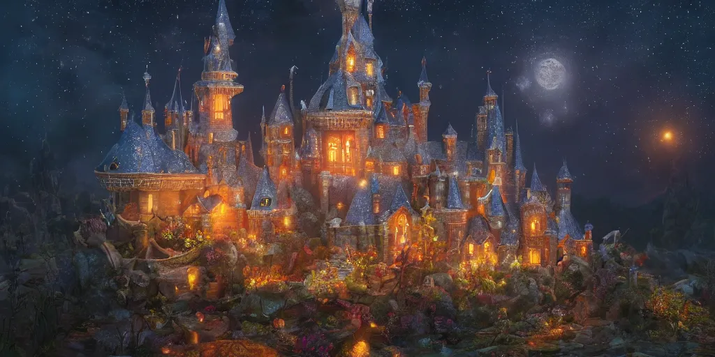 Image similar to a glittering fairy castle at night, extremely detailed oil painting, unreal 5 render, fantasy digital art, octane render, beautiful composition, trending on artstation, award-winning photograph, masterpiece