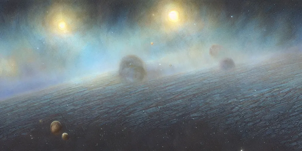 Prompt: Artwork by John Howe of the cinematic view of the Slow wave of the Astro-Asteroid System by John Howe.