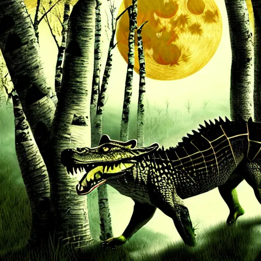 Image similar to Chimera with crocodile body and wolf head in a birch tree swamp howling at a yellowish full moon, photorealistic photoshop artwork