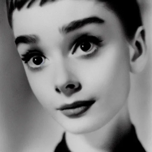 Prompt: photo of young Audrey Hepburn by Diane Arbus, extreme closeup, black and white, high contrast, Rolleiflex, 55mm f/4 lens
