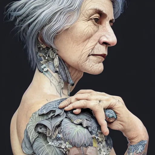 Image similar to portrait of a middle aged artsy woman, grey hair, tattoo, avangarde, unique, artistic soul, nature, plants, wool, upper body, long hair, intricate, elegant, highly detailed, digital painting, artstation, concept art, matte, sharp focus, illustration, art by artgerm and greg rutkowski and alphonse mucha