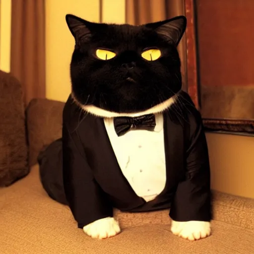 Image similar to photograph of a very fat and judgmental cat wearing a full tuxedo sitting in a dimly lit parlor lounge