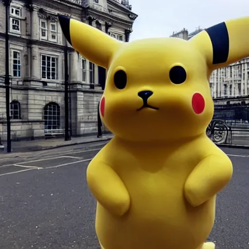 Prompt: a large marble statue that looks like pikachu, in London