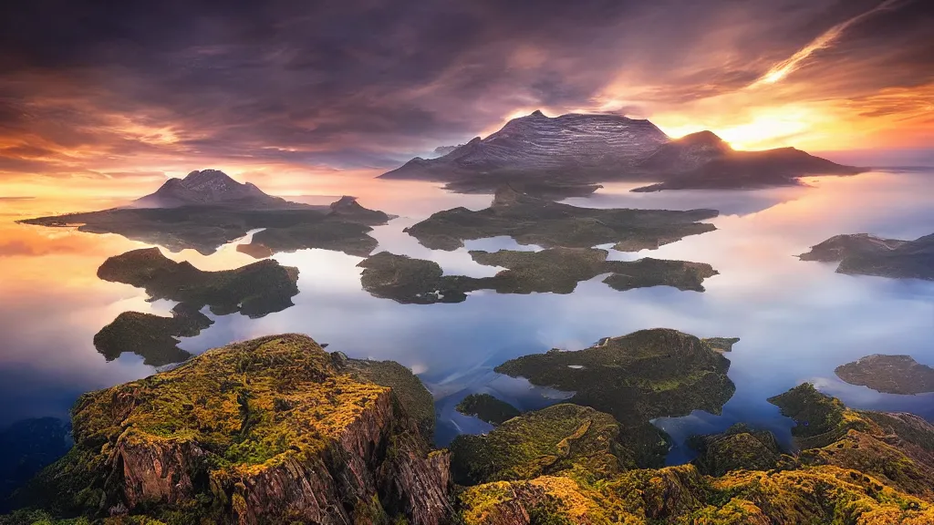 Prompt: amazing landscape photo of a flying island above a lake, above the sky, above clouds, in sunset by marc adamus, beautiful dramatic lighting