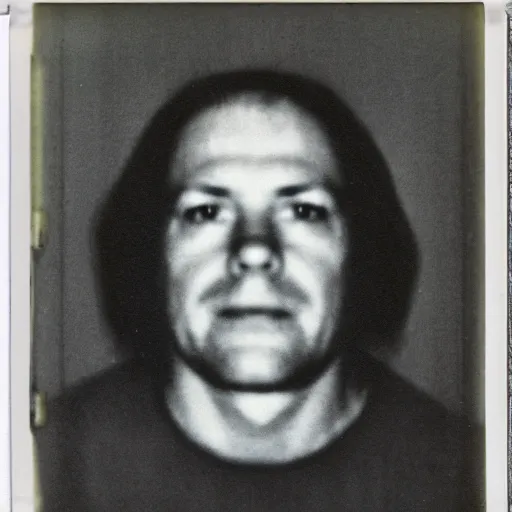 Prompt: grainy polaroid photograph of the face of a serial killer, only known evidence