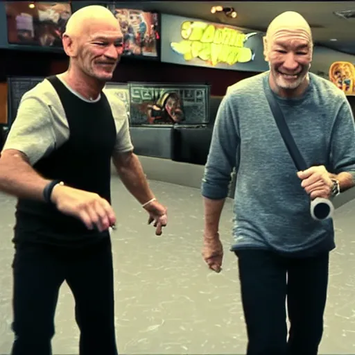 Image similar to kenny g and patrick stewart skateboarding at dave & busters, epic, cinematic, realism, ultra detailed, 8 k