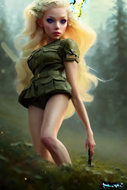 Image similar to cinematic shot of an epic portrait of a cute blonde fairy dressed in military clothes, stylised military clothes, shiny skin, beautiful eyes, beautiful, small details, night setting, realistic poster with volumetric light from craig mallism, artgerm, jeremy lipkin and michael garmash, unreal engine, radiant light, digital art, trends at art station, a masterpiece