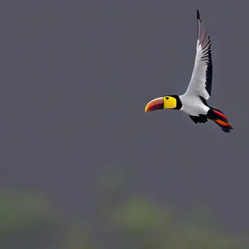 Prompt: A toucan flying across a dark lake