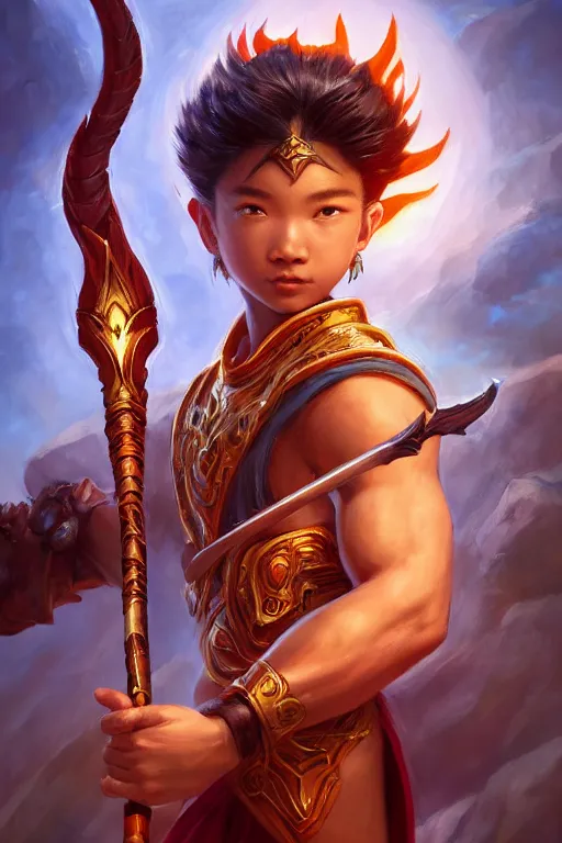 Prompt: a masterpiece portrait of nezha, legendary god holding spear, boy, flame everywhere, epic pose, fantasy character portrait, closeup shot, hyper detailed, digital painting, 8 k realistic, trending on artstation, sharp focus, dof, by fenghua zhong, artgerm, ne zha from smite, jeff easley, raymond swanland