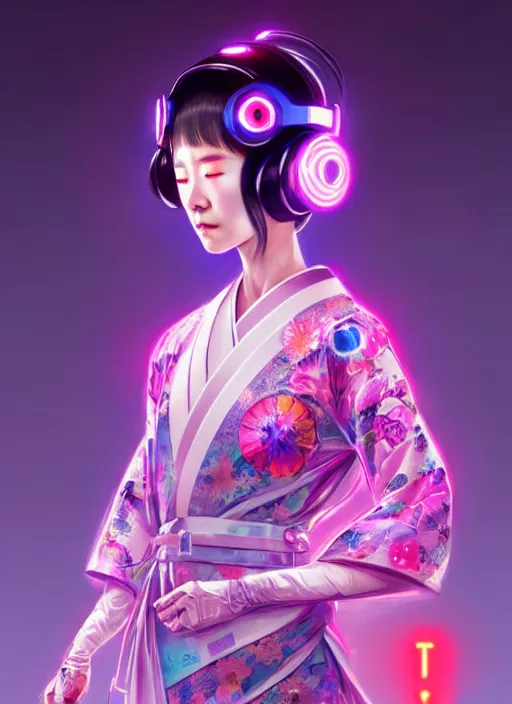 Image similar to portrait of female japanese android in elaborate kimono dress, wearing a vr headgear, hologram hovering around her, intricate detail, cyber neon lighting, highly detailed, digital photography, artstation, glamor pose, concept art, art by artgerm and greg rutkowski, pinterest, artstation,