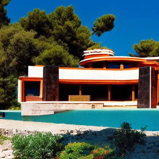 Prompt: House designed by Frank Lloyd Wright on a Greek island