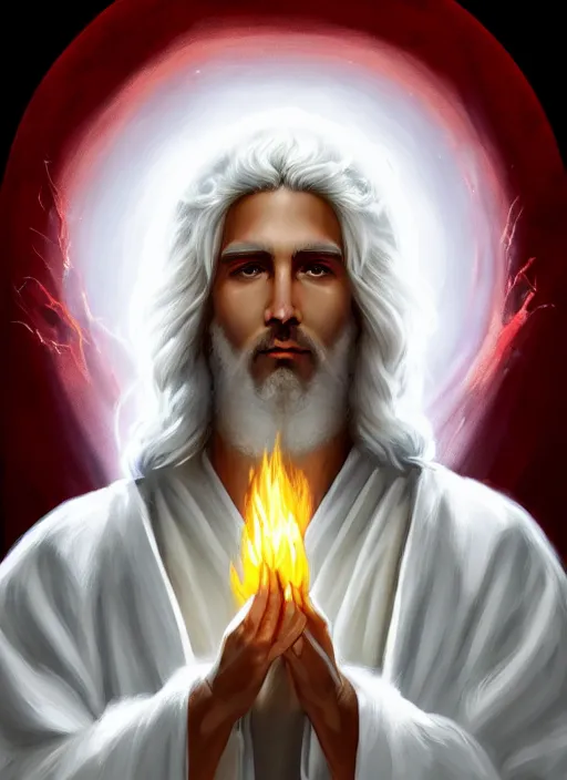 Image similar to « portrait of the white - haired jesus in a white robe and flaming yellow eyes, holding seven stars in right hand, high - contrast, intricate, elegant, highly detailed, digital painting, artstation, concept art, smooth, sharp focus, illustration »