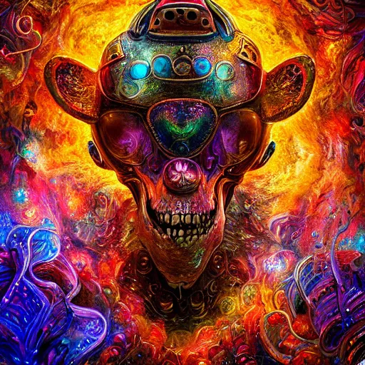 Image similar to portrait of a fantasycore glitchcore deformed animal skull in a helmet. intricate abstract. intricate artwork. celestial. prismatic, by josephine wall, pixar, ghibli. octane render, cgsociety very coherent symmetrical artwork. cinematic, hyper realism, high detail, octane render, 8 k, holographic accents