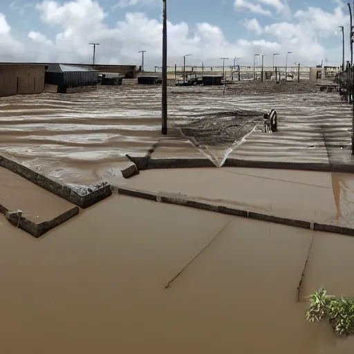 Image similar to a beautiful post - apocalyptic matte - painting of a large warehouse full of hosepipe. flooded. waves. hot sun outside.