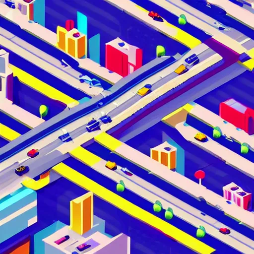 Prompt: colorful futuristic city full of cars bridges and people, isometric, pixelart