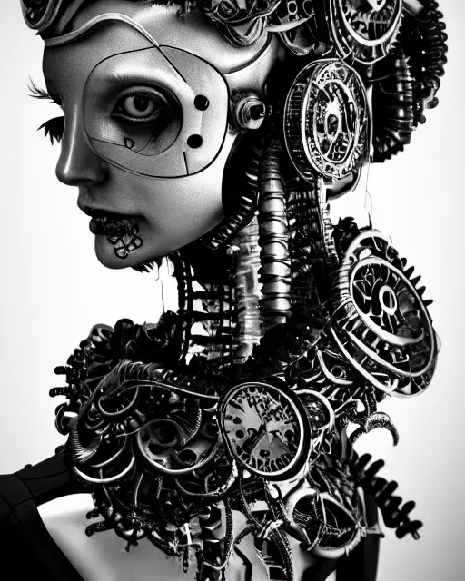 Image similar to black and white dreamy foggy smoky profile face portrait, one silver steampunk eye biomechanical beautiful young female cyclope - cyborg - robot bust, body ribs meshes,, volumetric light, hibiscus flowers, by hg giger, rim light, by dora maar and cecile beaton, big gothic fashion pearl embroidered collar, 8 k