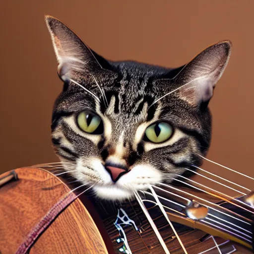 Image similar to 4 5 mm photorealistic image of a cat playing a banjo 8 k