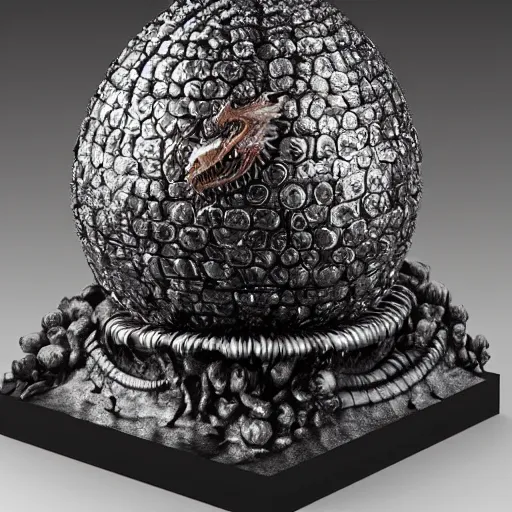 Image similar to daenerys dragon egg inspired, jewel encrusted Fabergé egg and Hans ruedy giger, hyperrealism, detailed, luxury, high definition, ultradetailed,