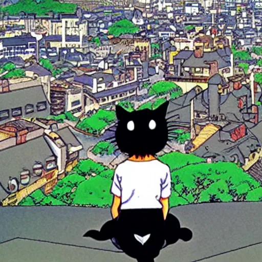 Image similar to a black cat girl looking out over a city, Miyazaki, studio ghibli