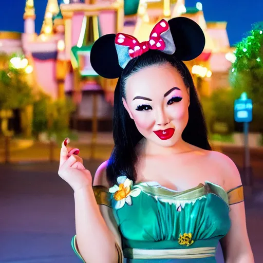 Image similar to beautiful bald asian woman with pinup makeup wearing disneyland mouse ears standing in front of the disneyland castle at night, oil painting, highly detailed, theatrical lighting, sharp focus