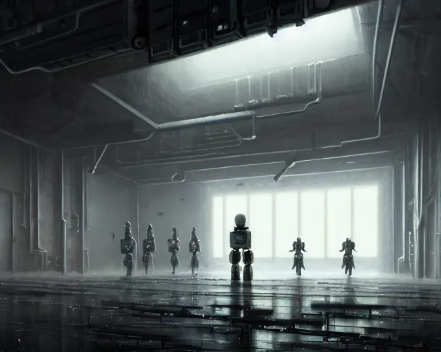 Image similar to gloomy colossal ruined server room in datacenter robot figure automata headless drone robot knight welder posing pacing fixing soldering mono sharp focus, emitting diodes, smoke, artillery, sparks, racks, system unit, motherboard, by pascal blanche rutkowski artstation hyperrealism cinematic dramatic painting concept art of detailed character design matte painting, 4 k resolution blade runner