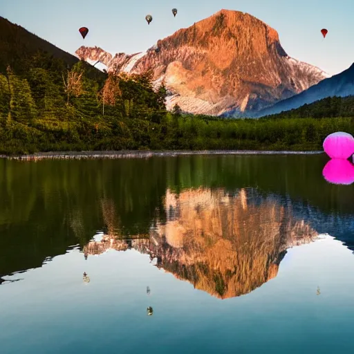 Image similar to photo of two black swans touching heads in a beautiful reflective mountain lake, a colorful hot air balloon is flying above reflecting off water, hot air balloon, intricate, 8k highly professionally detailed, centered, HDR, CGsociety