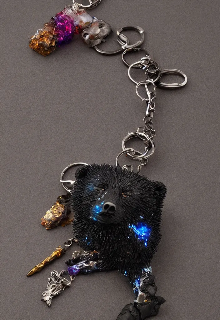 Image similar to a deep coloured crystalized bear keychain by greg rutkowski, sung choi, mitchell mohrhauser, maciej kuciara, johnson ting, maxim verehin, peter konig, 8 k photorealistic, cinematic lighting, hd, high details, dramatic, atmosphereric