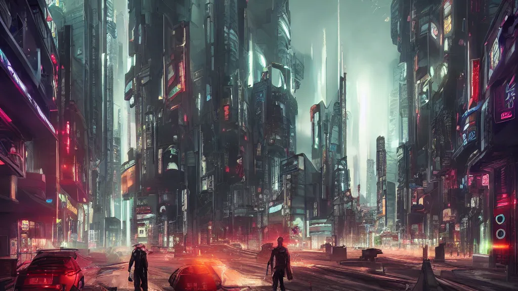 Prompt: cyberpunk london streets in 2 0 7 7 by yuumei, bayard wu, wlop, tim white, ross tran, 4 k