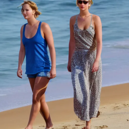Image similar to Photograph of Jennifer Lawrence and Jennifer Lawrence walking along the beach together, golden hour, 8k,