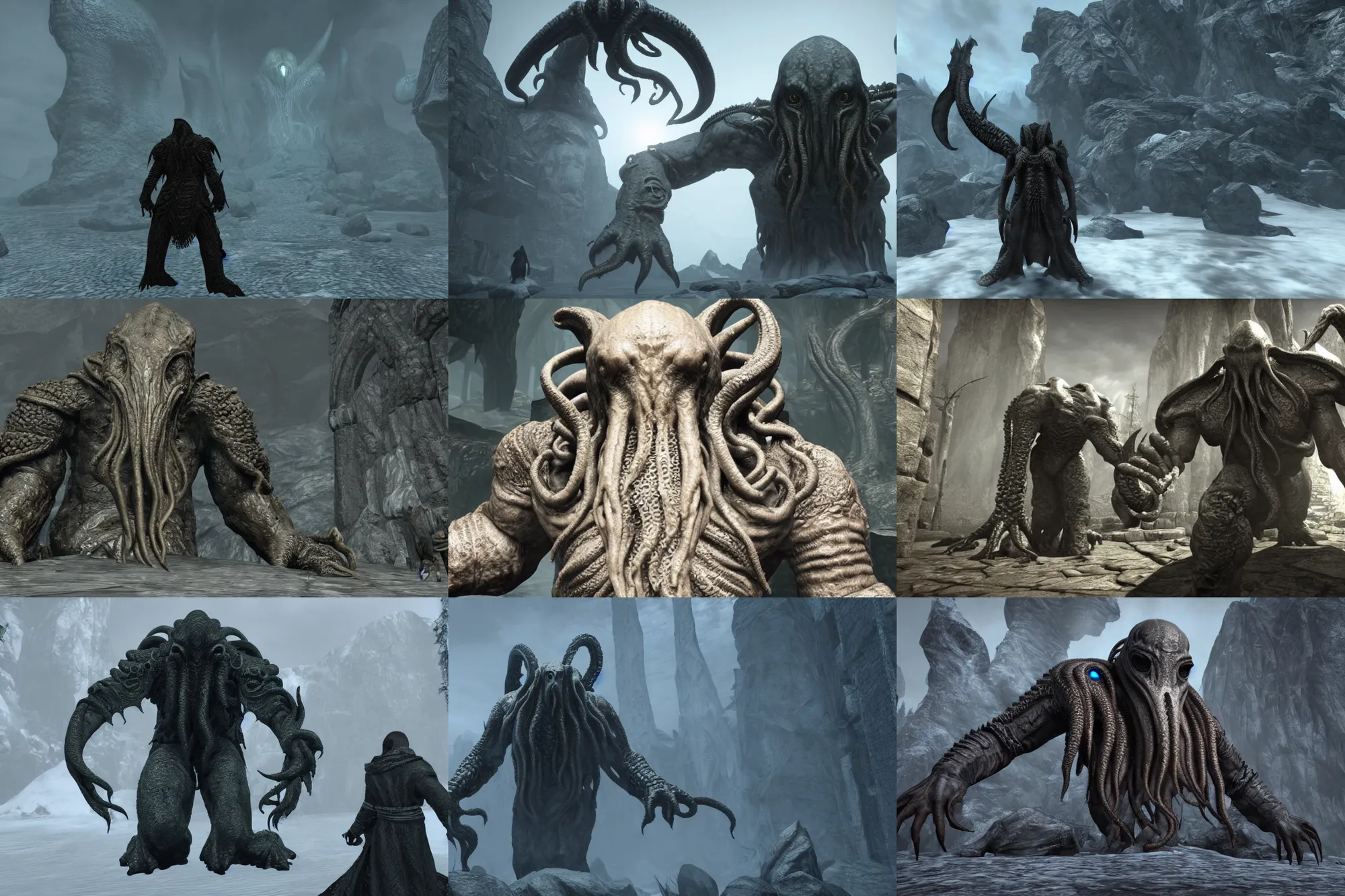 Prompt: still image of cthulhu, human sized, in skyrim, as a white run guard, unreal engine