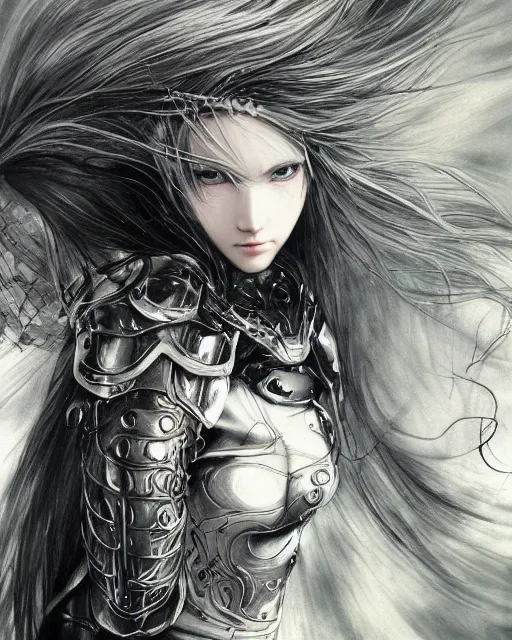 Image similar to Yoshitaka Amano realistic illustration of an anime girl with wavy white hair and cracks on her face wearing Elden ring armour with the cape fluttering in the wind, abstract black and white patterns on the background, noisy film grain effect, highly detailed, Renaissance oil painting, weird portrait angle