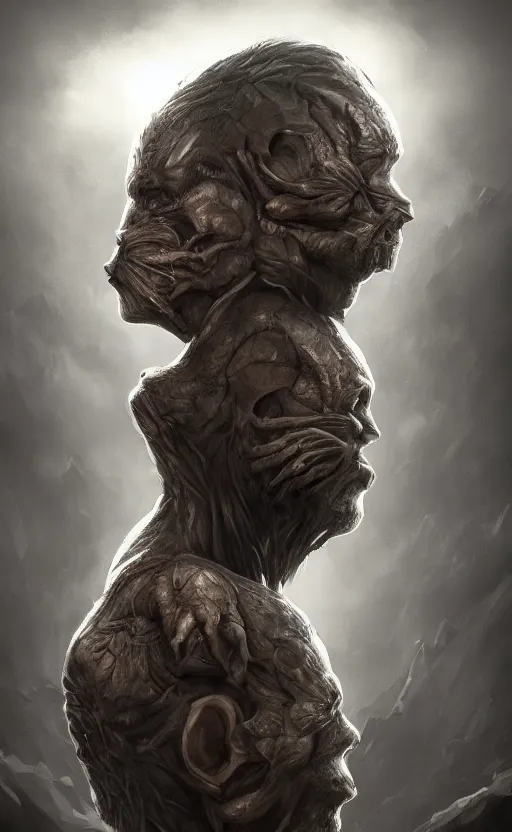 Image similar to full body portrait of of a two headed monster smiley creepily, dynamic lighting, photorealistic, fantasy concept art, ambient lighting, atmospherical, stunning visuals, creative, cinematic, ultra detailed, trending on art station