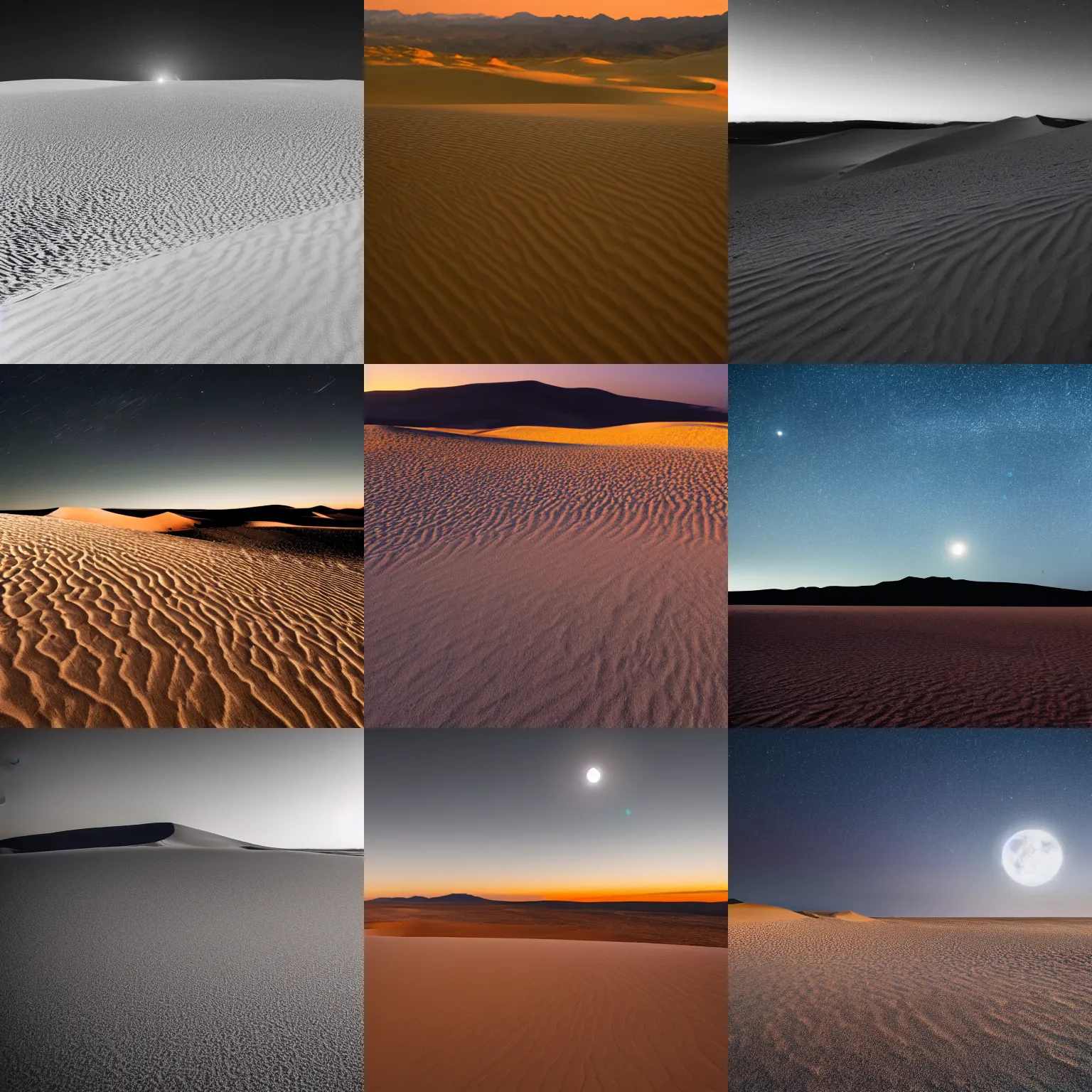 Prompt: photograph of the desert at night, lit by moonlight, ominous figures in the distance, dunes in foreground with elongated shadows, night photography, dslr, 4 k