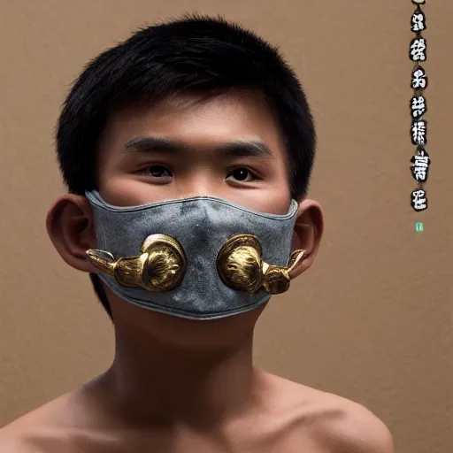 Prompt: 8 k, uhd, 1 9 4 7 asian boy use wear topeng sunda mask, with casual clothes, highly details form