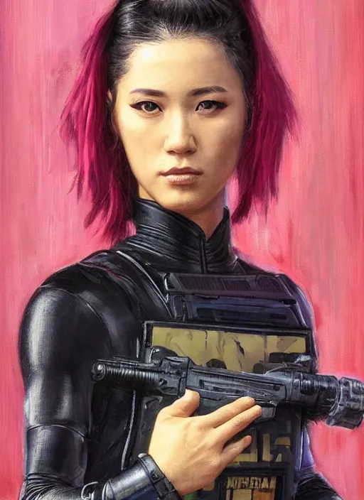 Prompt: Nikki tanaka. beautiful cyberpunk female USN marine wearing a military vest and a black and pink tactical catsuit (cyberpunk 2077, bladerunner 2049). gorgeous face. Iranian orientalist portrait by john william waterhouse and Edwin Longsden Long and Theodore Ralli and Nasreddine Dinet, oil on canvas. Cinematic, hyper realism, realistic proportions, dramatic lighting, high detail 4k