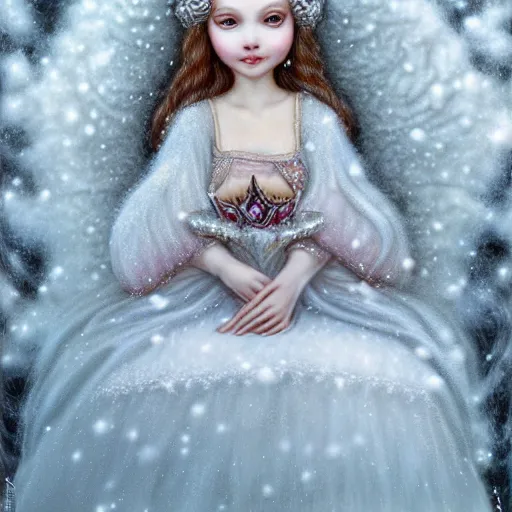 Image similar to highly detailed closeup portrait of a snow, ice princess, she is wearing a crown, she is sitting on a throne surrounded by fluffy bears, nicoletta ceccoli, mark ryden, lostfish, earl nore, global illumination, god rays, detailed and intricate environment