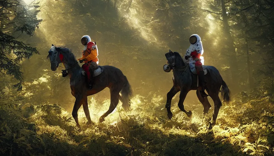 Image similar to american astronaut in the forest riding a horse, plants environment, wide angle, cinematic lighting, atmospheric, realistic, octane render, highly detailed, color graded, in the style of craig mullins